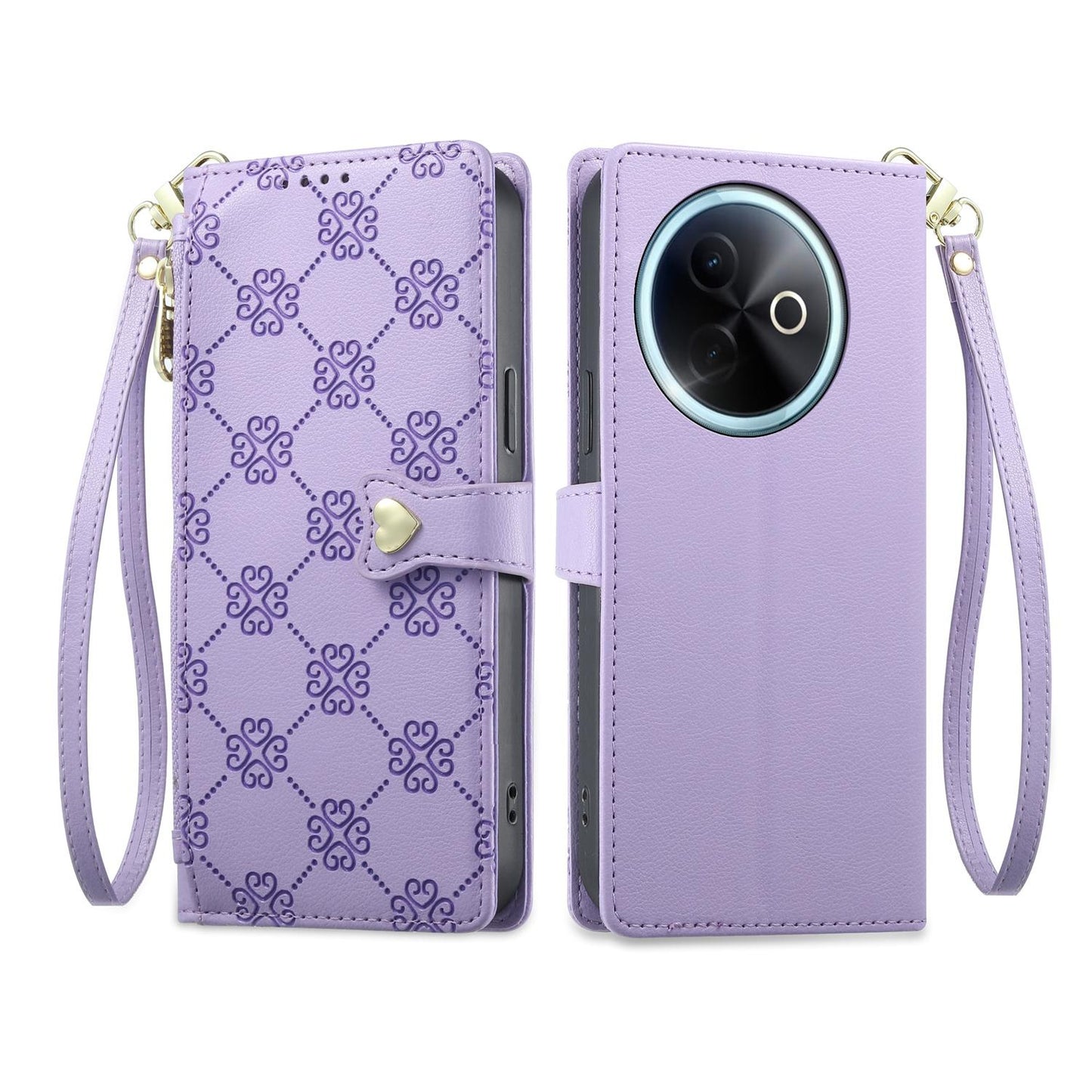 For vivo Y39 5G / vivo Y300i Zipper Wallet Heart Buckle Vegan Leather Phone Case with Wrist Strap(Purple)