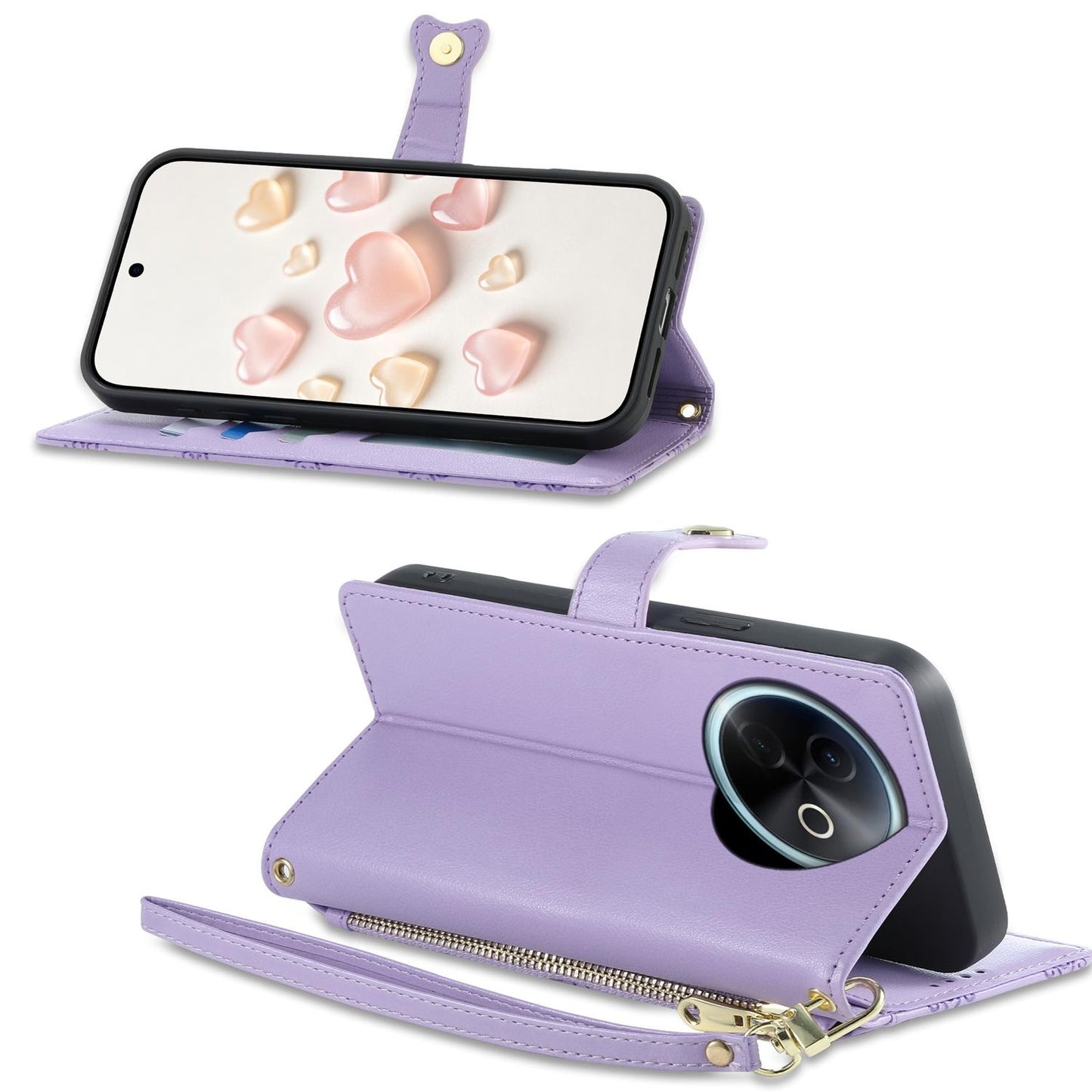 For vivo Y39 5G / vivo Y300i Zipper Wallet Heart Buckle Vegan Leather Phone Case with Wrist Strap(Purple)