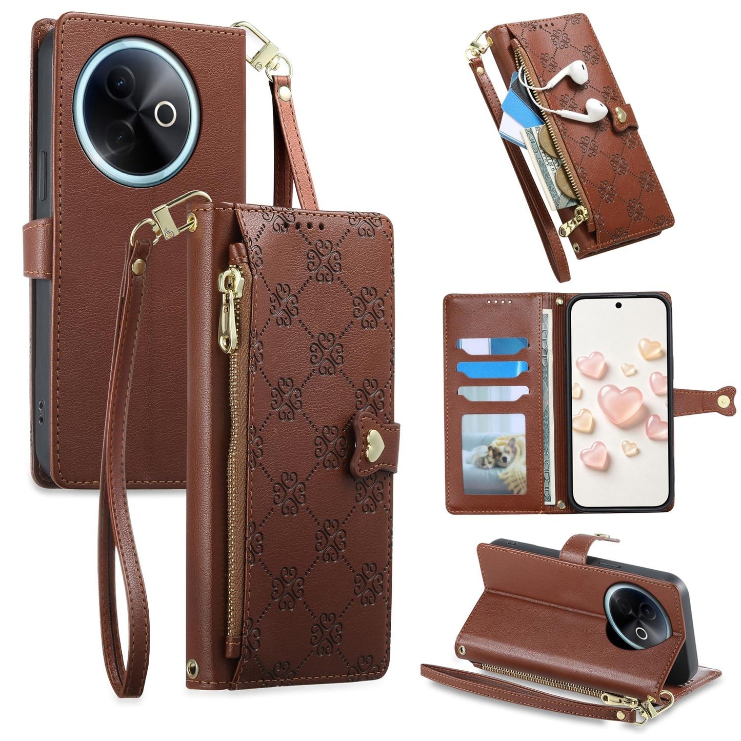 For vivo Y39 5G / vivo Y300i Zipper Wallet Heart Buckle Vegan Leather Phone Case with Wrist Strap(Brown)