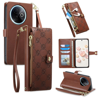 For vivo Y39 5G / vivo Y300i Zipper Wallet Heart Buckle Vegan Leather Phone Case with Wrist Strap(Brown)