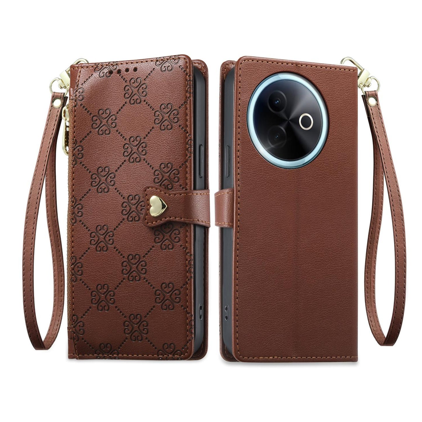 For vivo Y39 5G / vivo Y300i Zipper Wallet Heart Buckle Vegan Leather Phone Case with Wrist Strap(Brown)