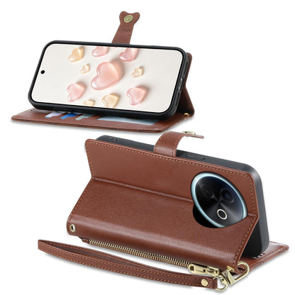 For vivo Y39 5G / vivo Y300i Zipper Wallet Heart Buckle Vegan Leather Phone Case with Wrist Strap(Brown)