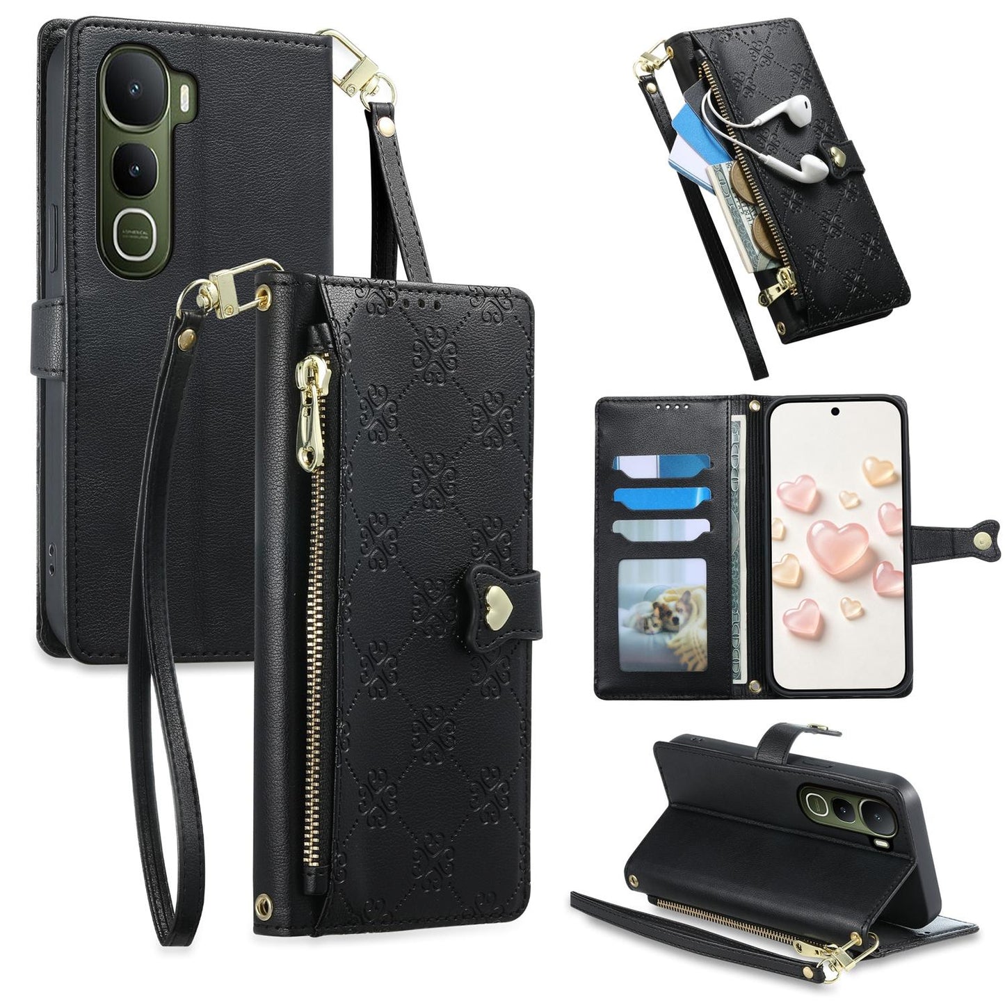 For vivo Y400 5G Zipper Wallet Heart Buckle Vegan Leather Phone Case with Wrist Strap(Black)
