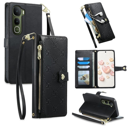 For vivo Y400 5G Zipper Wallet Heart Buckle Vegan Leather Phone Case with Wrist Strap(Black)