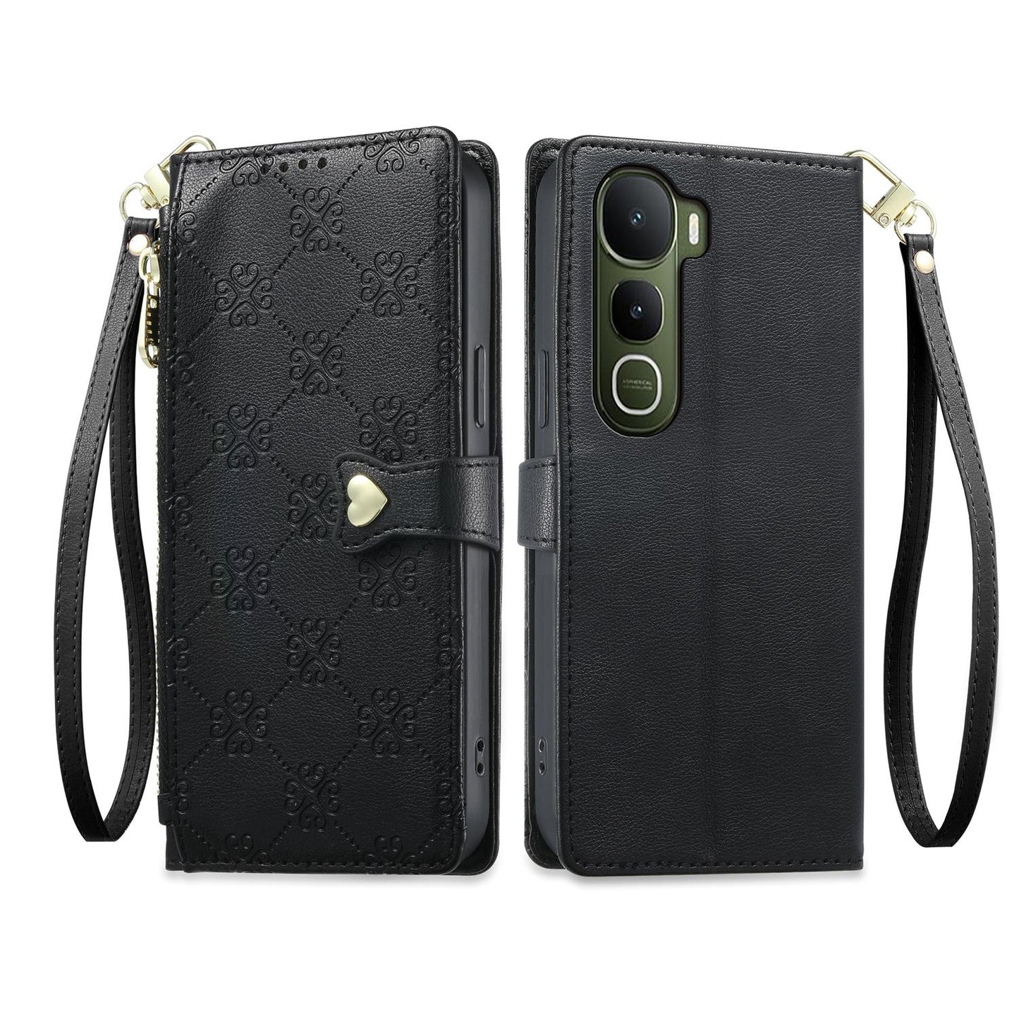 For vivo Y400 5G Zipper Wallet Heart Buckle Vegan Leather Phone Case with Wrist Strap(Black)