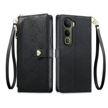 For vivo Y400 5G Zipper Wallet Heart Buckle Vegan Leather Phone Case with Wrist Strap(Black)
