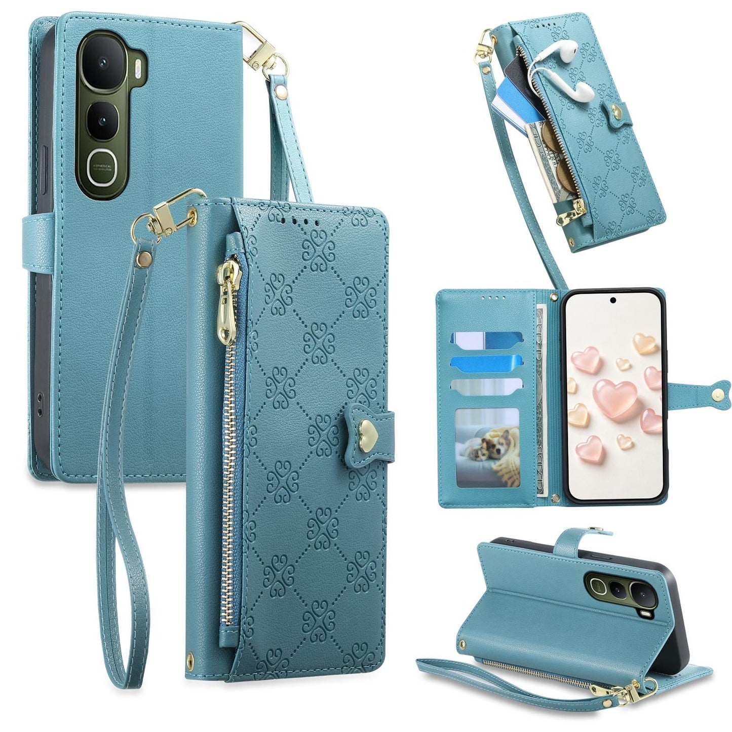 For vivo Y400 5G Zipper Wallet Heart Buckle Vegan Leather Phone Case with Wrist Strap(Lake Blue)