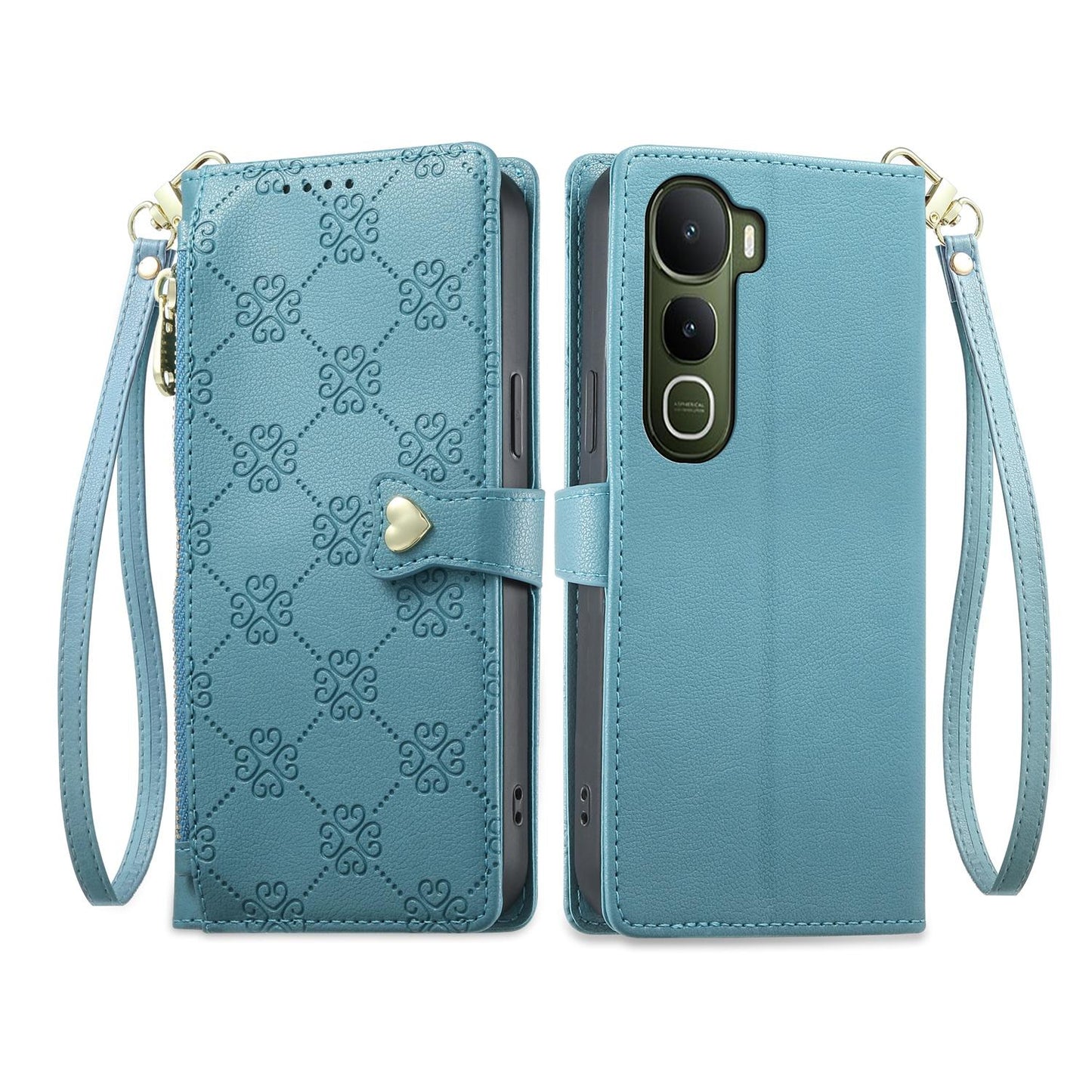 For vivo Y400 5G Zipper Wallet Heart Buckle Vegan Leather Phone Case with Wrist Strap(Lake Blue)
