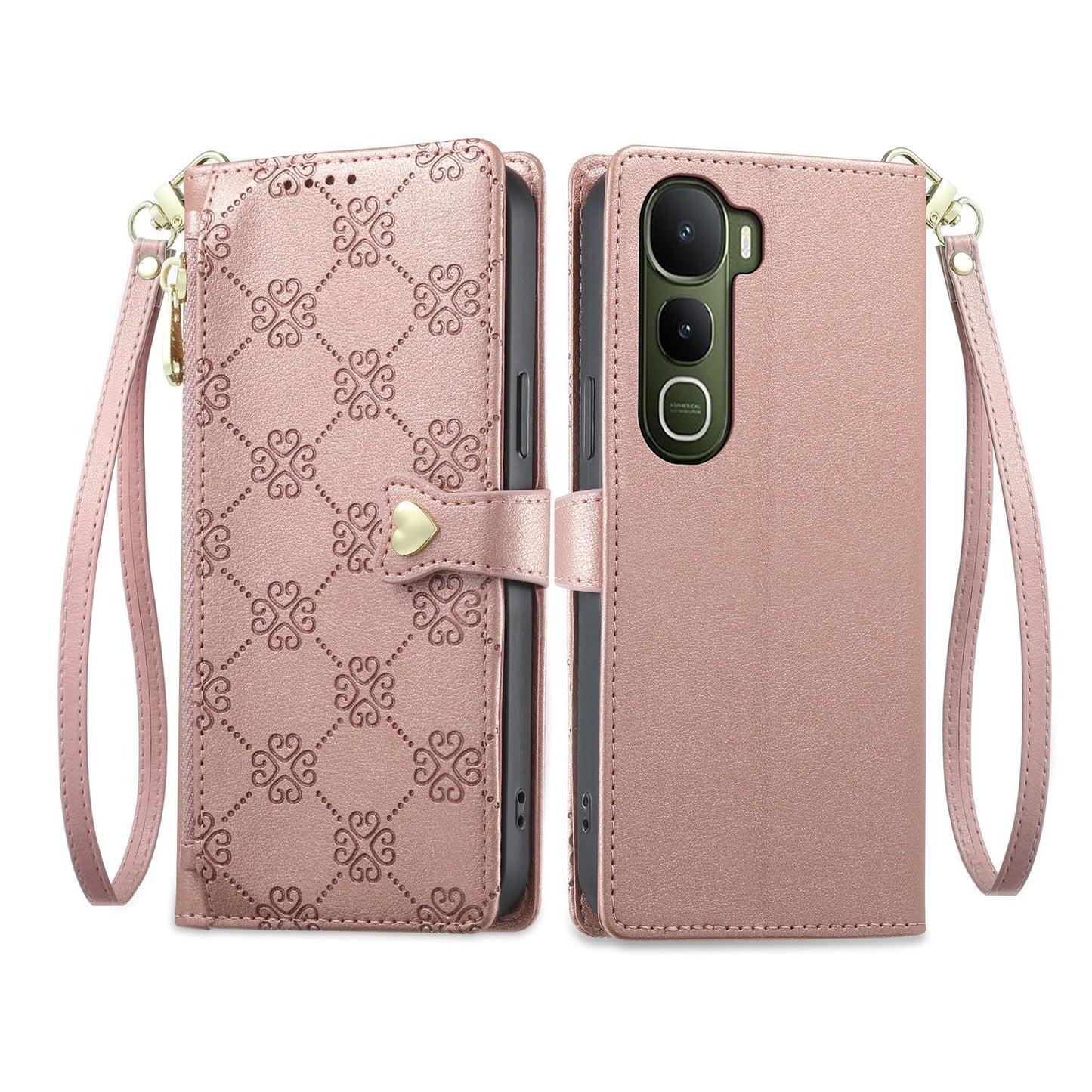For vivo Y400 5G Zipper Wallet Heart Buckle Vegan Leather Phone Case with Wrist Strap(Pink)