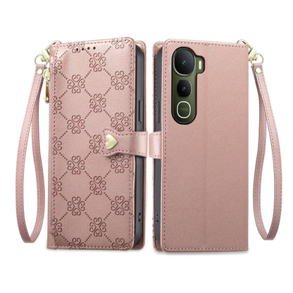 For vivo Y400 5G Zipper Wallet Heart Buckle Vegan Leather Phone Case with Wrist Strap(Pink)