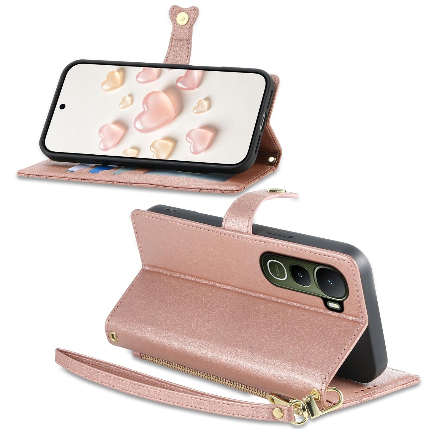 For vivo Y400 5G Zipper Wallet Heart Buckle Vegan Leather Phone Case with Wrist Strap(Pink)