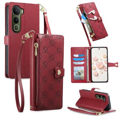 For vivo Y400 5G Zipper Wallet Heart Buckle Vegan Leather Phone Case with Wrist Strap(Red)