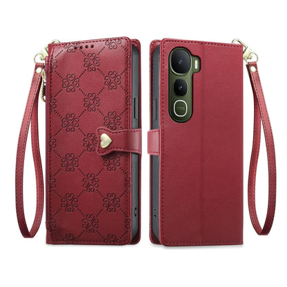 For vivo Y400 5G Zipper Wallet Heart Buckle Vegan Leather Phone Case with Wrist Strap(Red)