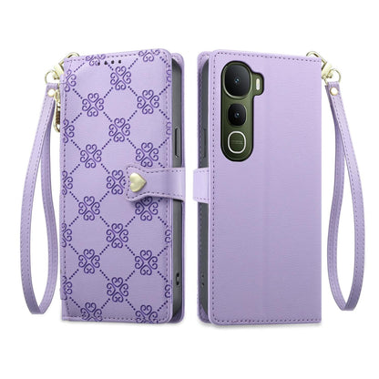 For vivo Y400 5G Zipper Wallet Heart Buckle Vegan Leather Phone Case with Wrist Strap(Purple)