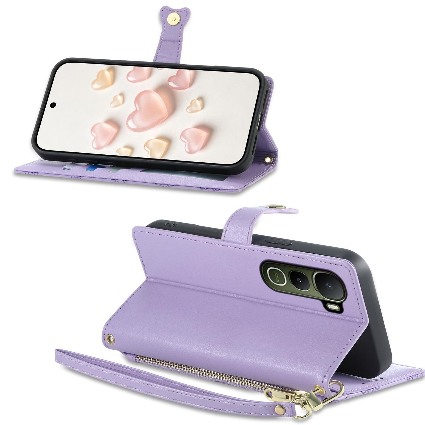For vivo Y400 5G Zipper Wallet Heart Buckle Vegan Leather Phone Case with Wrist Strap(Purple)