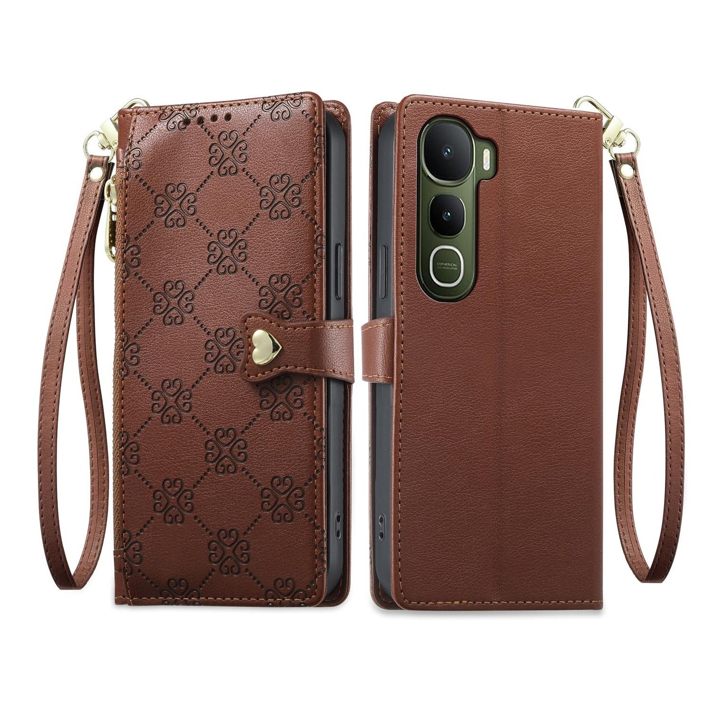 For vivo Y400 5G Zipper Wallet Heart Buckle Vegan Leather Phone Case with Wrist Strap(Brown)