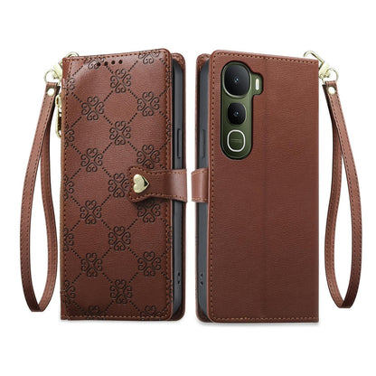 For vivo Y400 5G Zipper Wallet Heart Buckle Vegan Leather Phone Case with Wrist Strap(Brown)