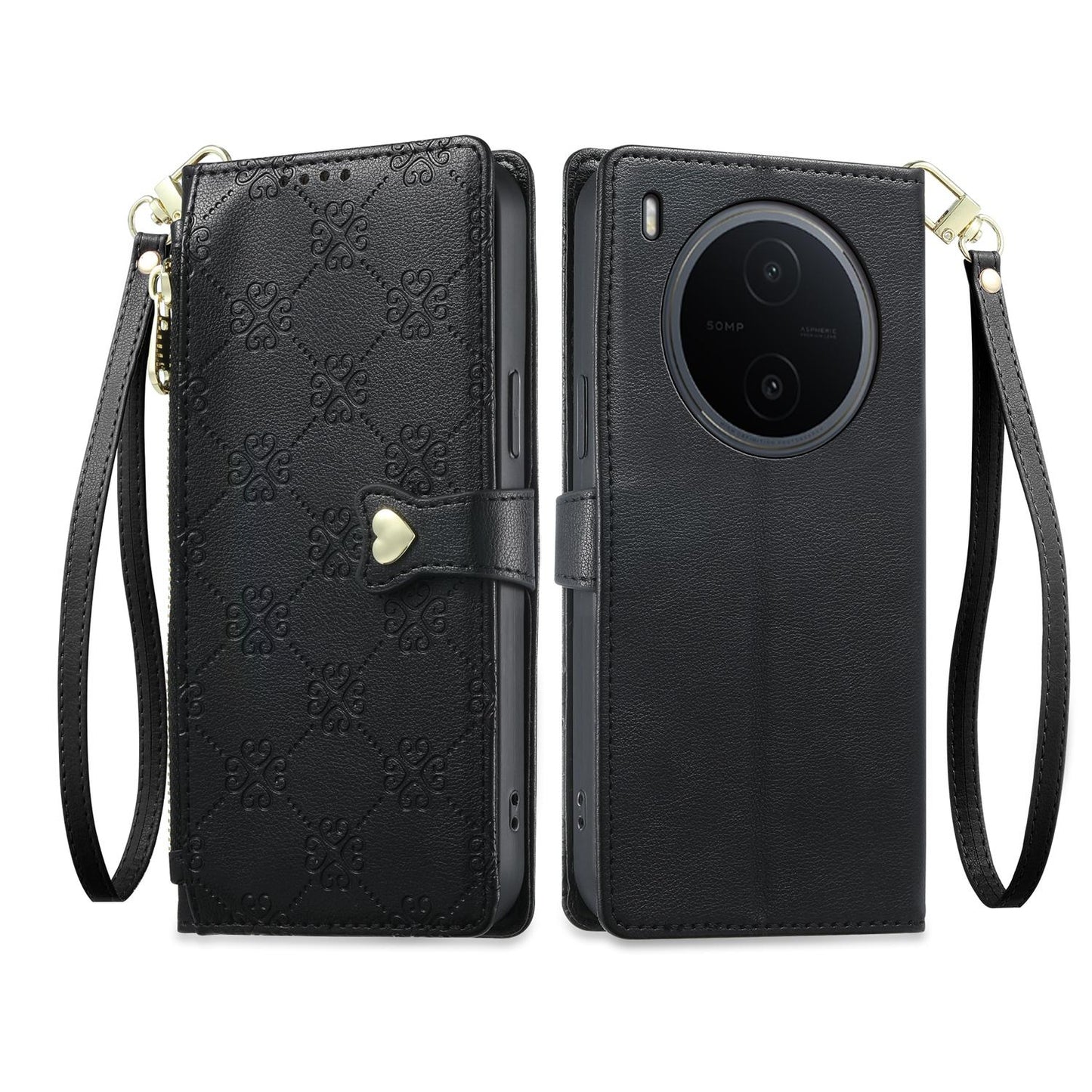 For vivo Y600 Pro 5G Zipper Wallet Heart Buckle Vegan Leather Phone Case with Wrist Strap(Black)