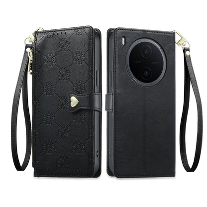For vivo Y600 Pro 5G Zipper Wallet Heart Buckle Vegan Leather Phone Case with Wrist Strap(Black)