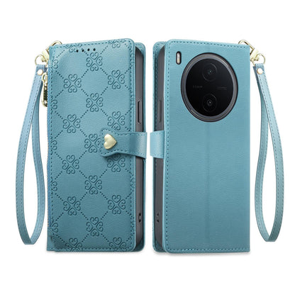 For vivo Y600 Pro 5G Zipper Wallet Heart Buckle Vegan Leather Phone Case with Wrist Strap(Lake Blue)