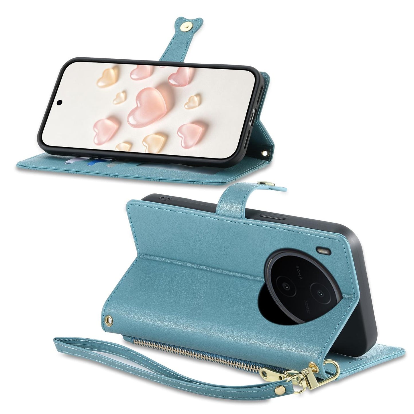 For vivo Y600 Pro 5G Zipper Wallet Heart Buckle Vegan Leather Phone Case with Wrist Strap(Lake Blue)