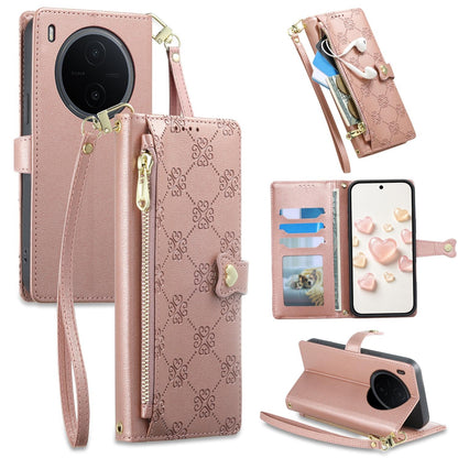 For vivo Y600 Pro 5G Zipper Wallet Heart Buckle Vegan Leather Phone Case with Wrist Strap(Pink)