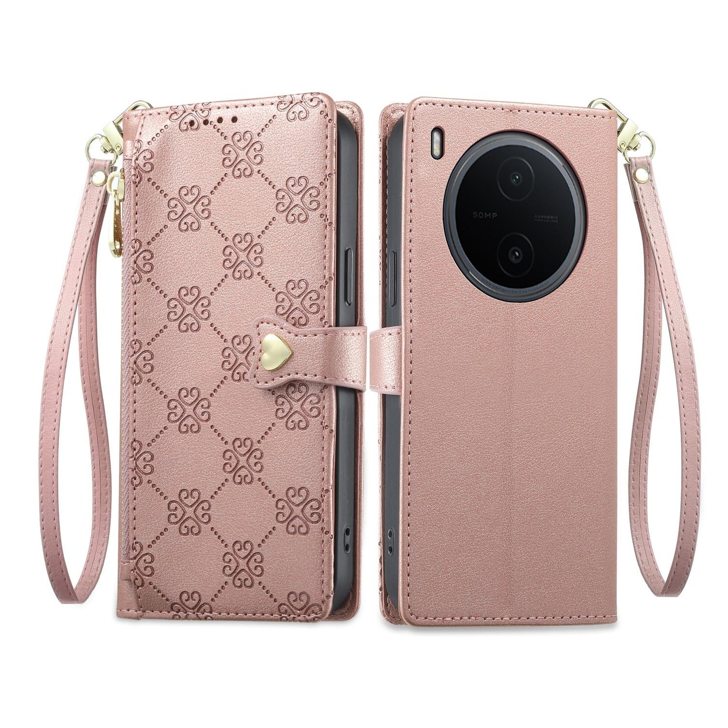 For vivo Y600 Pro 5G Zipper Wallet Heart Buckle Vegan Leather Phone Case with Wrist Strap(Pink)