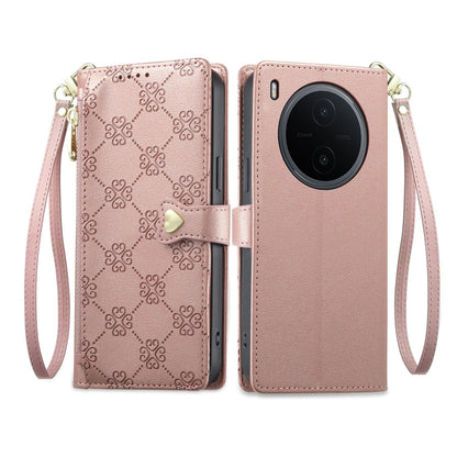 For vivo Y600 Pro 5G Zipper Wallet Heart Buckle Vegan Leather Phone Case with Wrist Strap(Pink)
