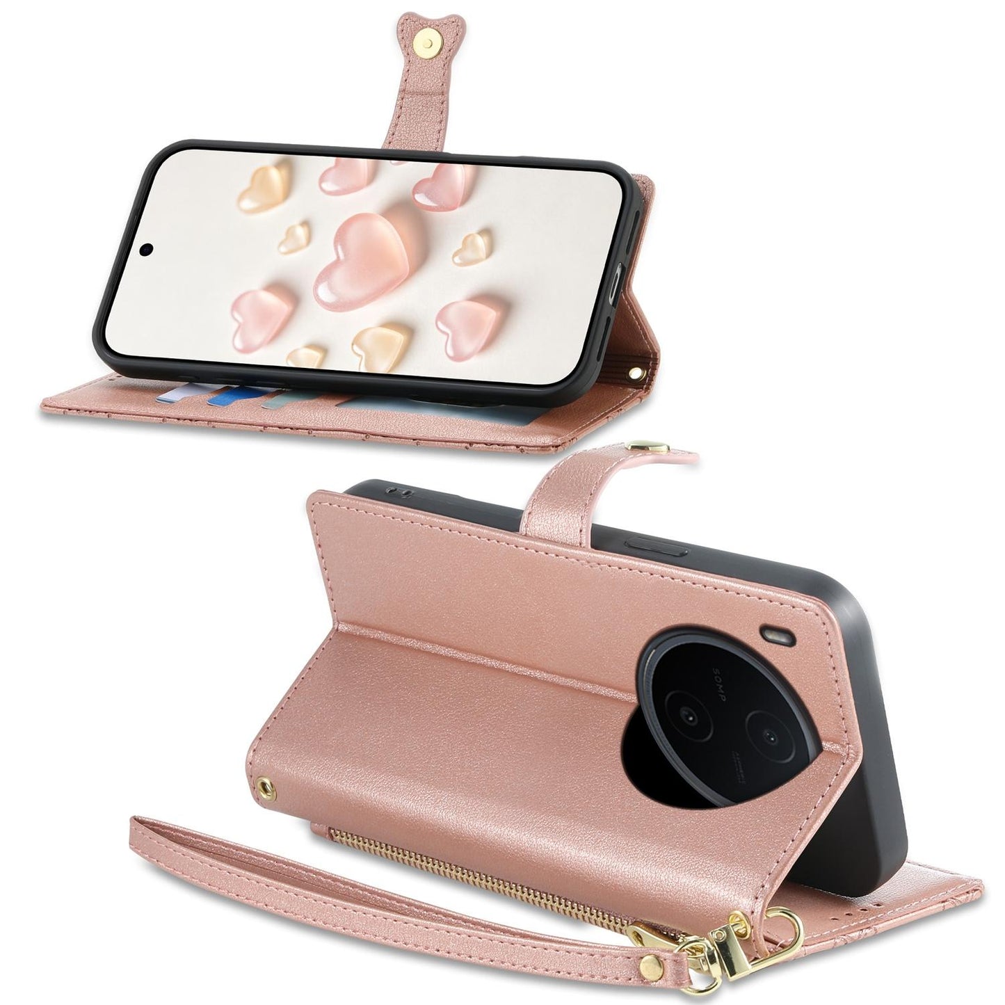 For vivo Y600 Pro 5G Zipper Wallet Heart Buckle Vegan Leather Phone Case with Wrist Strap(Pink)