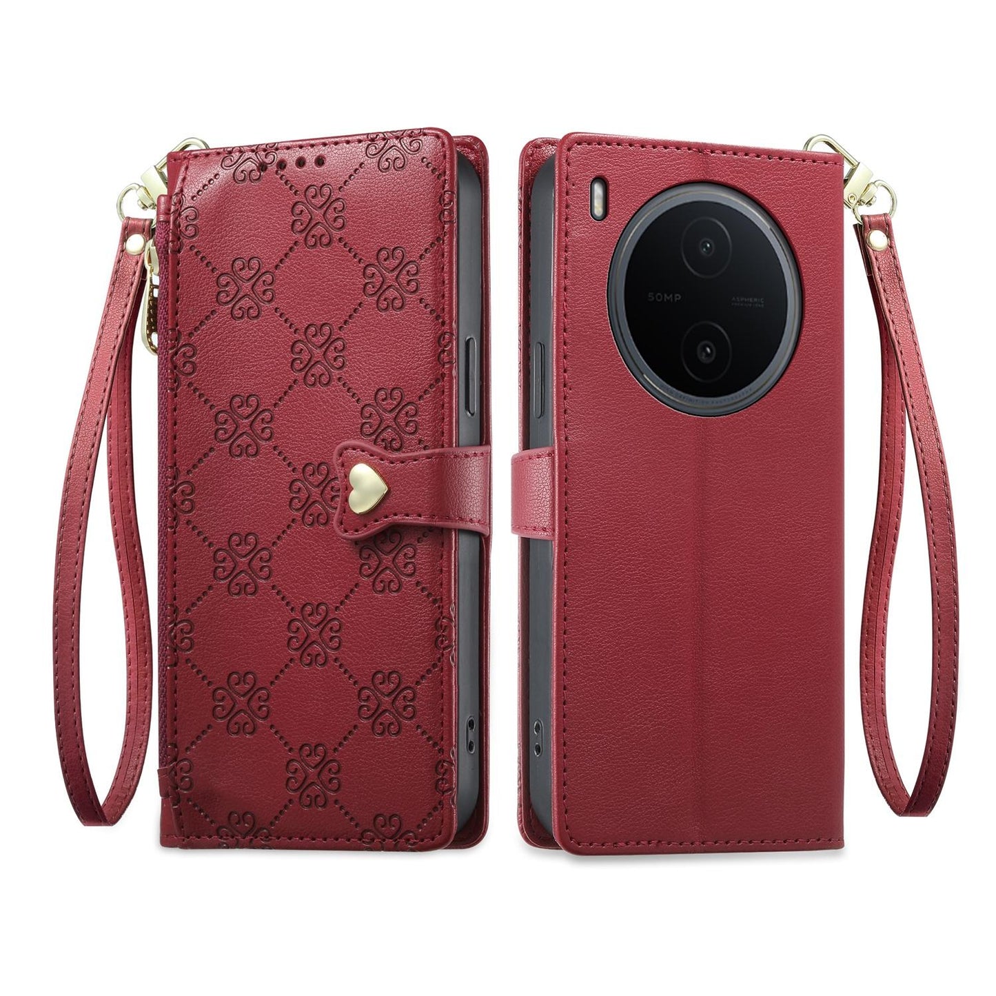 For vivo Y600 Pro 5G Zipper Wallet Heart Buckle Vegan Leather Phone Case with Wrist Strap(Red)