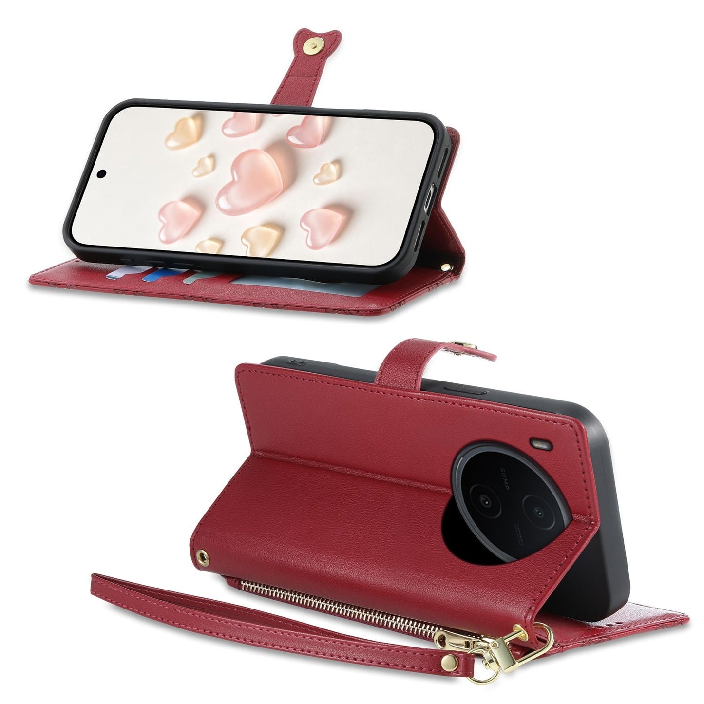For vivo Y600 Pro 5G Zipper Wallet Heart Buckle Vegan Leather Phone Case with Wrist Strap(Red)