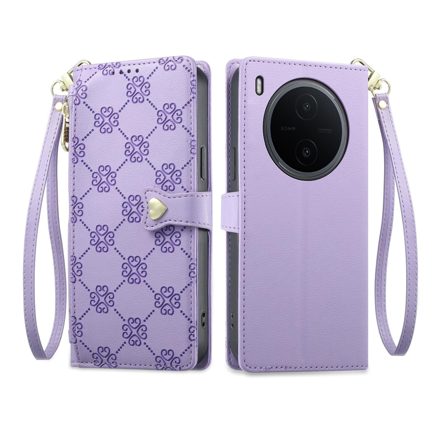 For vivo Y600 Pro 5G Zipper Wallet Heart Buckle Vegan Leather Phone Case with Wrist Strap(Purple)