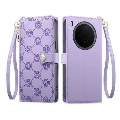 For vivo Y600 Pro 5G Zipper Wallet Heart Buckle Vegan Leather Phone Case with Wrist Strap(Purple)