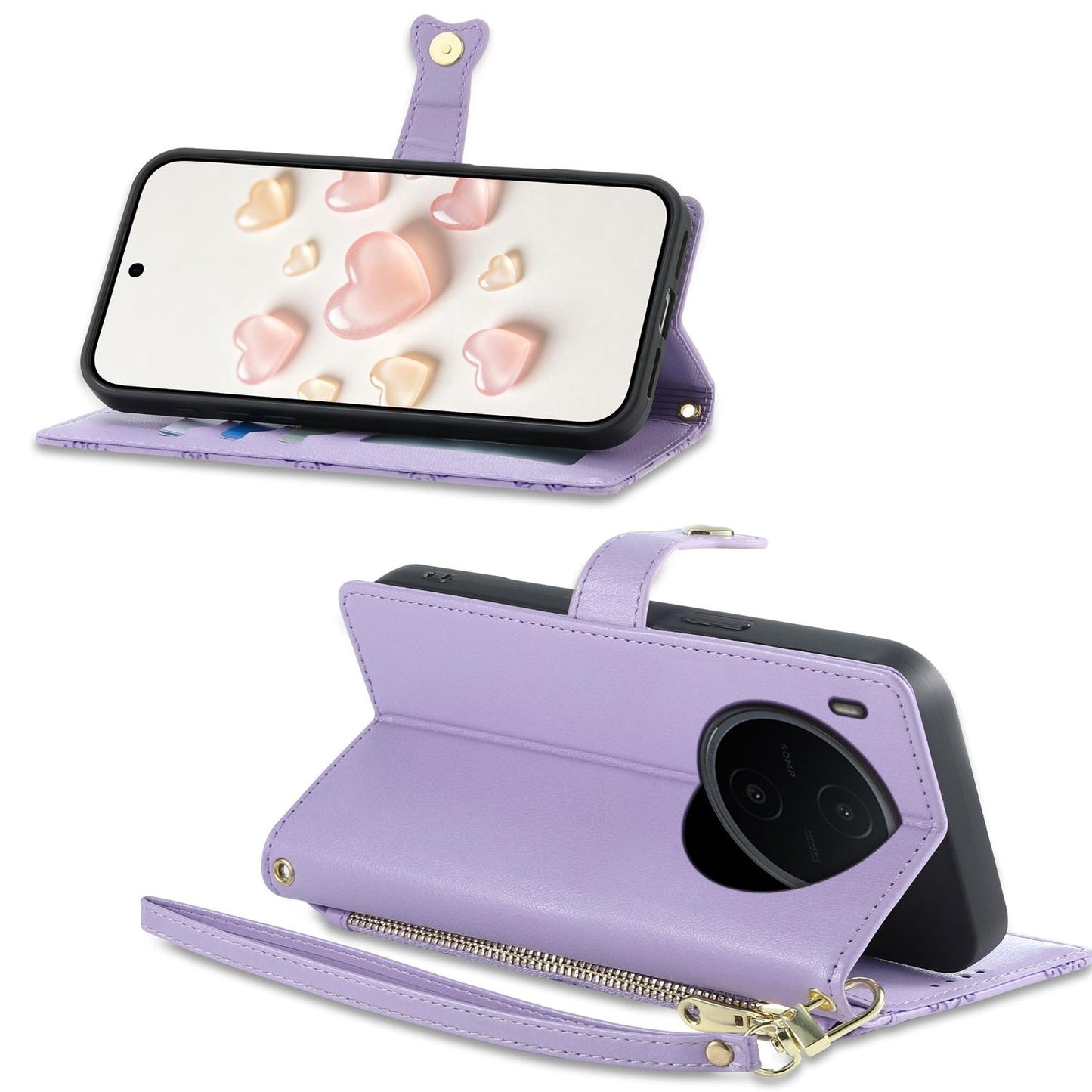 For vivo Y600 Pro 5G Zipper Wallet Heart Buckle Vegan Leather Phone Case with Wrist Strap(Purple)