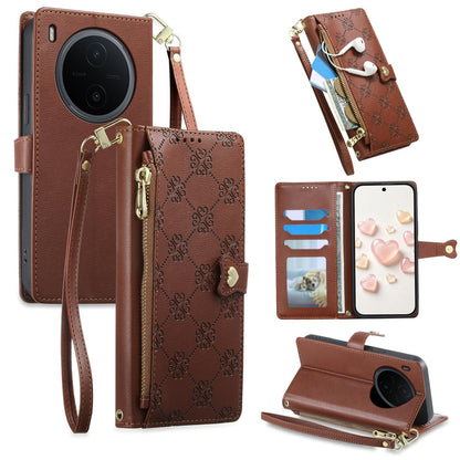 For vivo Y600 Pro 5G Zipper Wallet Heart Buckle Vegan Leather Phone Case with Wrist Strap(Brown)