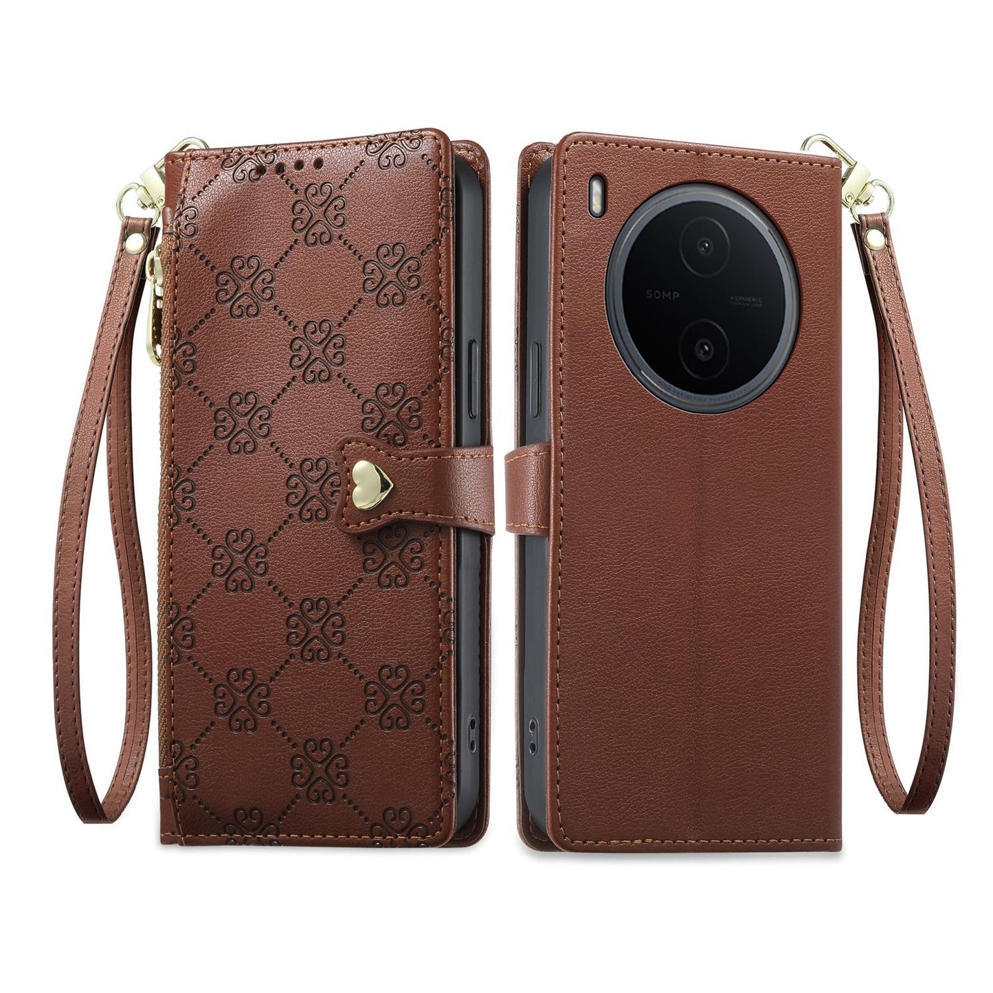For vivo Y600 Pro 5G Zipper Wallet Heart Buckle Vegan Leather Phone Case with Wrist Strap(Brown)