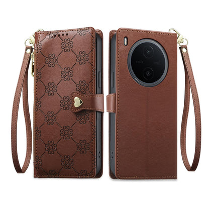 For vivo Y600 Pro 5G Zipper Wallet Heart Buckle Vegan Leather Phone Case with Wrist Strap(Brown)