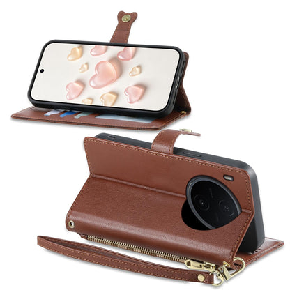 For vivo Y600 Pro 5G Zipper Wallet Heart Buckle Vegan Leather Phone Case with Wrist Strap(Brown)