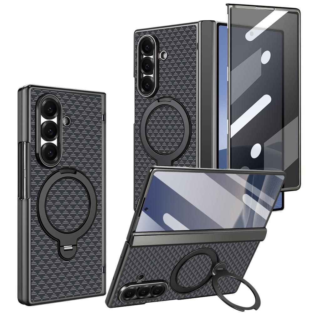 For Samsung Galaxy Z Fold7 5G VIETAO Fengying Series Integrated Privacy Film Carbon Fiber Magnetic Phone Case with 360-Degree Rotating Stand(Triangular Black)
