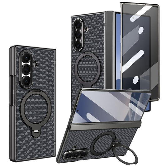 For Samsung Galaxy Z Fold7 5G VIETAO Fengying Series Integrated Privacy Film Carbon Fiber Magnetic Phone Case with 360-Degree Rotating Stand(Triangular Black)