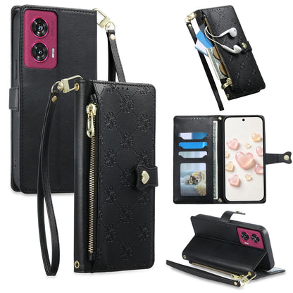 For Motorola Edge 50 Fusion Zipper Wallet Heart Buckle Vegan Leather Phone Case with Wrist Strap(Black)