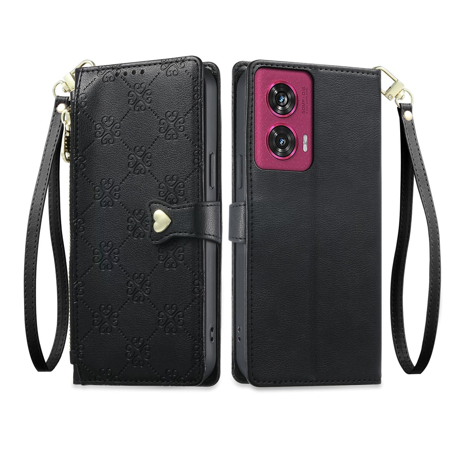 For Motorola Edge 50 Fusion Zipper Wallet Heart Buckle Vegan Leather Phone Case with Wrist Strap(Black)