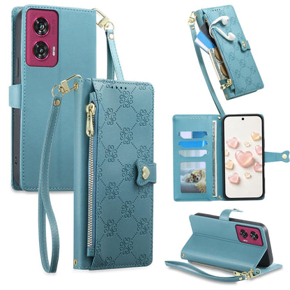 For Motorola Edge 50 Fusion Zipper Wallet Heart Buckle Vegan Leather Phone Case with Wrist Strap(Lake Blue)