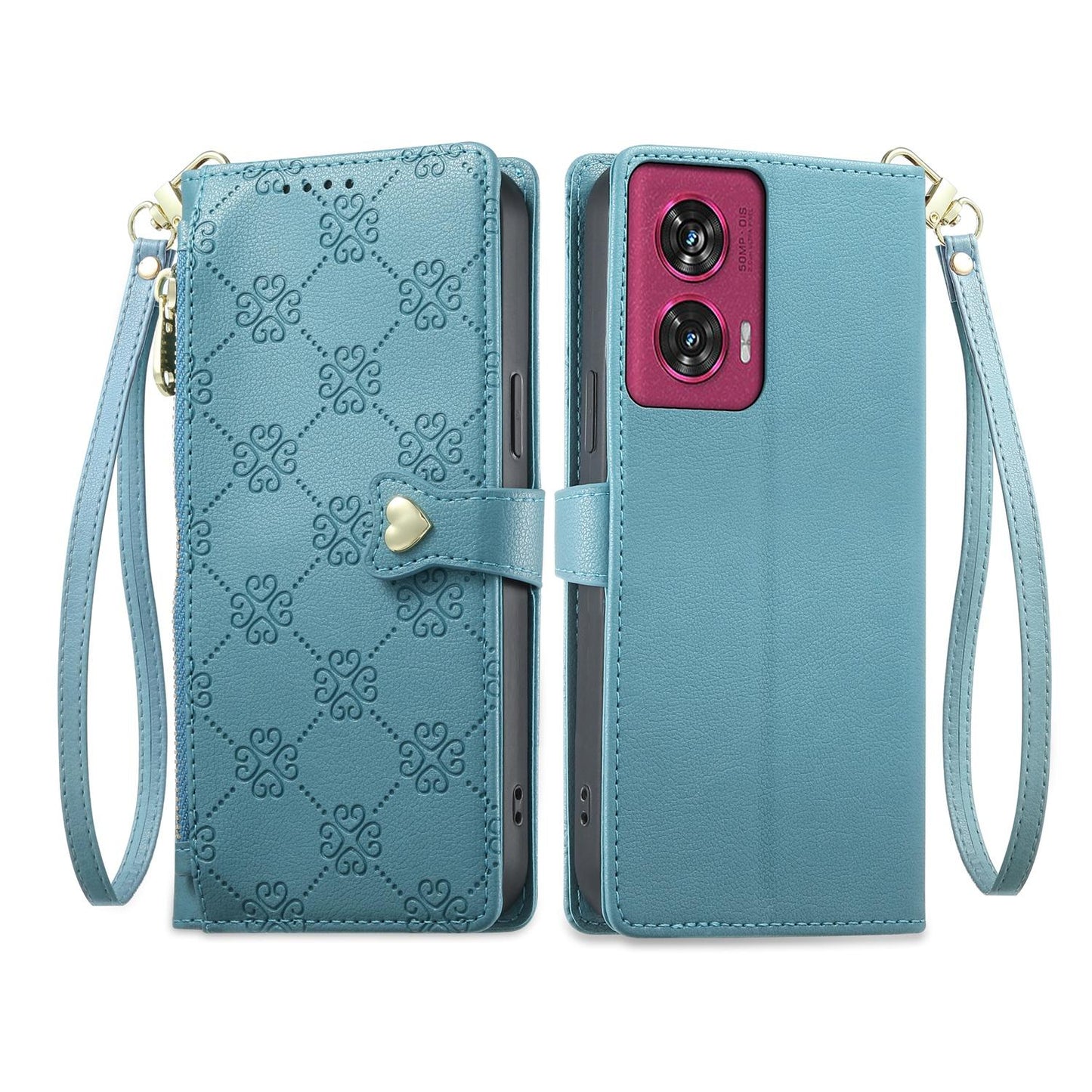 For Motorola Edge 50 Fusion Zipper Wallet Heart Buckle Vegan Leather Phone Case with Wrist Strap(Lake Blue)