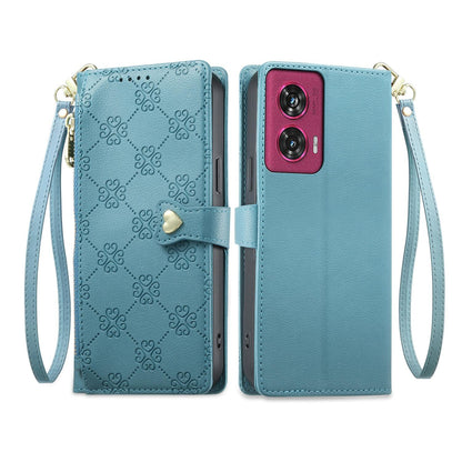 For Motorola Edge 50 Fusion Zipper Wallet Heart Buckle Vegan Leather Phone Case with Wrist Strap(Lake Blue)