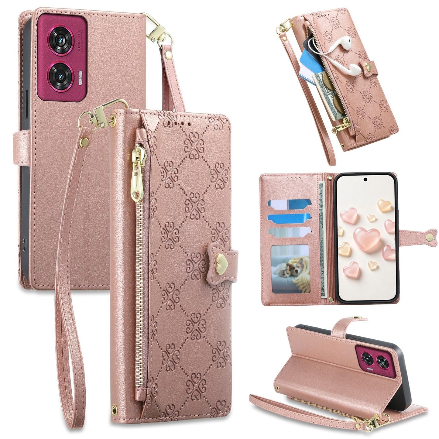 For Motorola Edge 50 Fusion Zipper Wallet Heart Buckle Vegan Leather Phone Case with Wrist Strap(Pink)