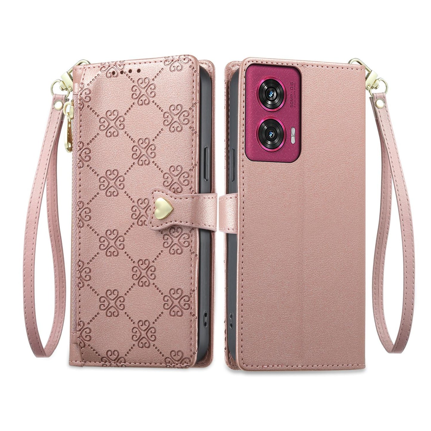 For Motorola Edge 50 Fusion Zipper Wallet Heart Buckle Vegan Leather Phone Case with Wrist Strap(Pink)