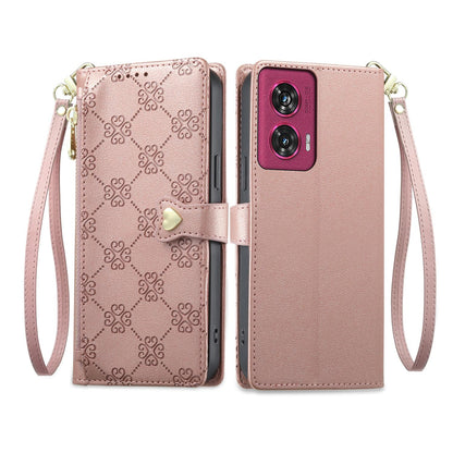 For Motorola Edge 50 Fusion Zipper Wallet Heart Buckle Vegan Leather Phone Case with Wrist Strap(Pink)