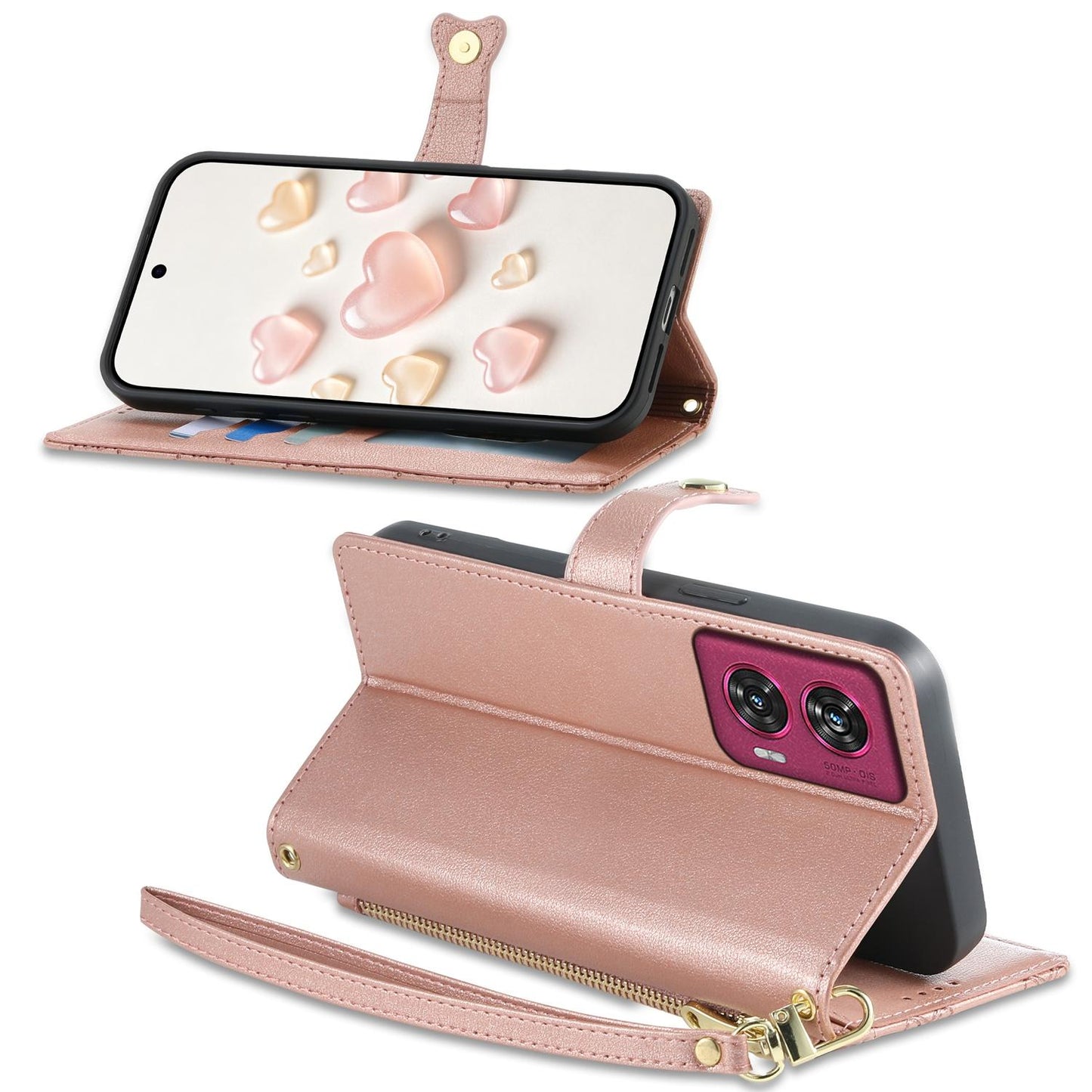 For Motorola Edge 50 Fusion Zipper Wallet Heart Buckle Vegan Leather Phone Case with Wrist Strap(Pink)