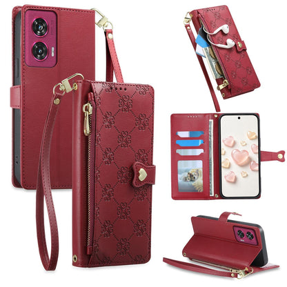 For Motorola Edge 50 Fusion Zipper Wallet Heart Buckle Vegan Leather Phone Case with Wrist Strap(Red)